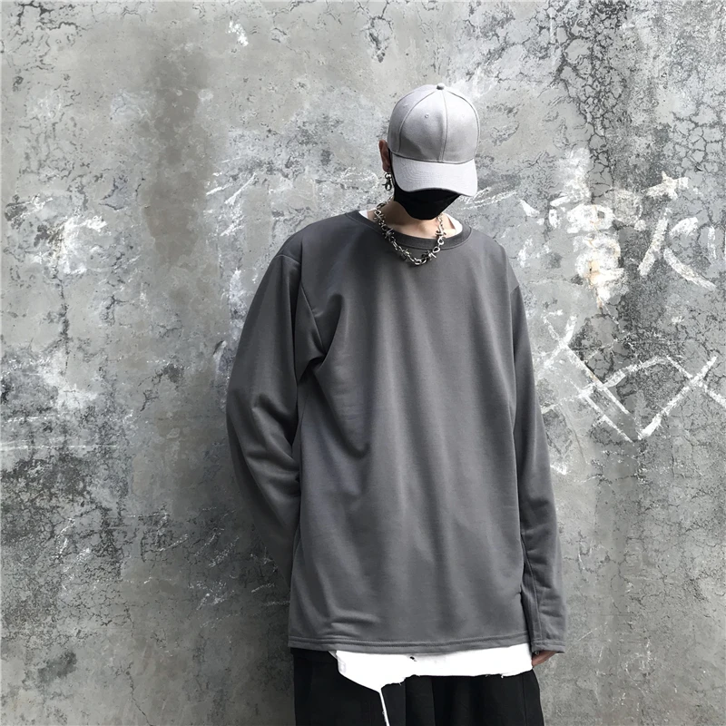 

Spring Hip-hop T Shirt Men's Fashion Solid Color Casual Fake Two T-shirt Men Streetwear Wild Loose Long-sleeved Tshirt Mens
