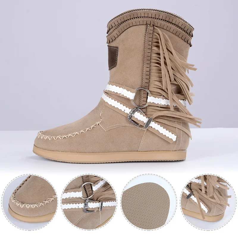 SHUJIN Women Ankle Short Boots Tassels Round Toe Buckle Strap Boots Ethnic Style Warm Non-slip Boots Shoe For Lady Botas Mujer