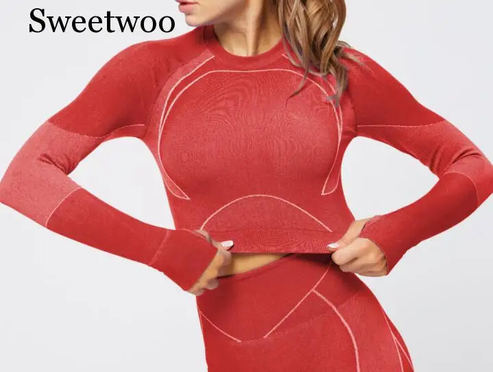 Бесшовный костюм для йоги, 2 шт., спортивные футболки, укороченный топ, бесшовные леггинсы, спортивный комплект, одежда для спортзала, фитнес-костюм, комплект для тренировок, Femme - Цвет: RED top