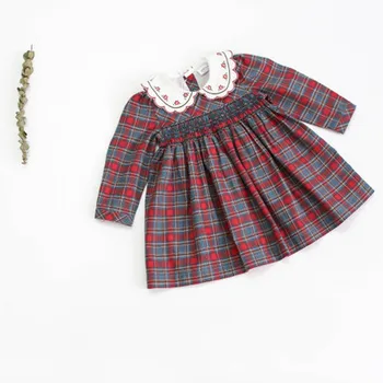 

2019 girls embroidered vintage cotton red plaid sweet princess dress lapel child college autumn and winter long-sleeve dress