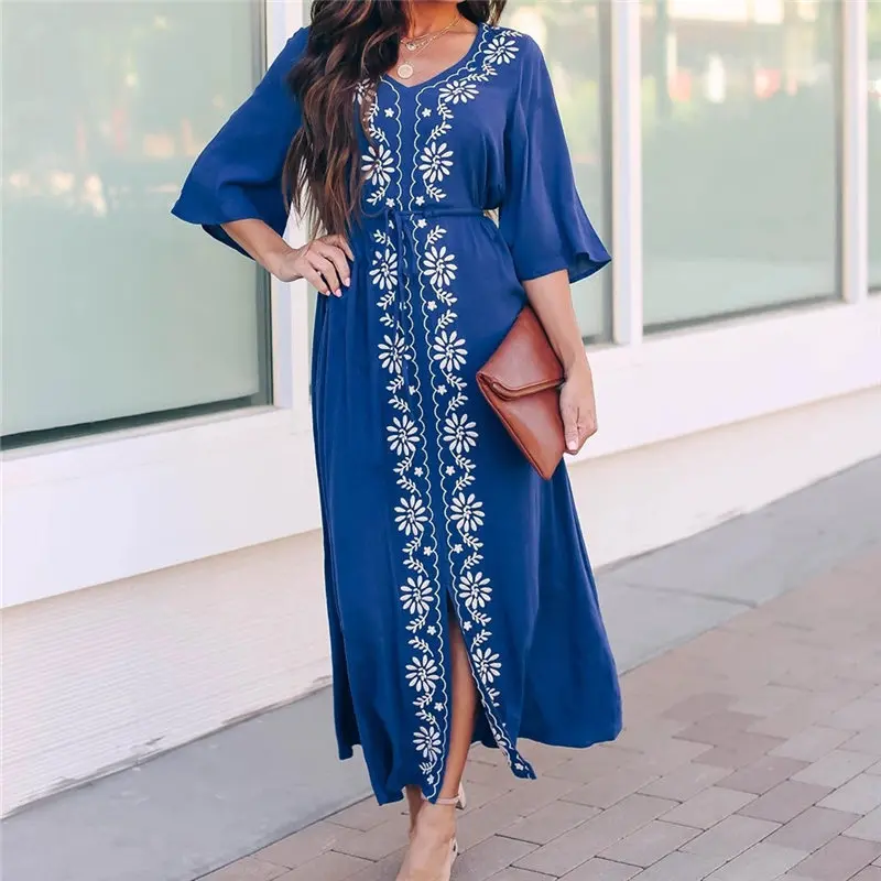 Bikini Cover Ups Bohemian Embroidered Elegant Long Summer Beach Dress Blue Cotton Tunic Women Beachwear Robe de plage N925