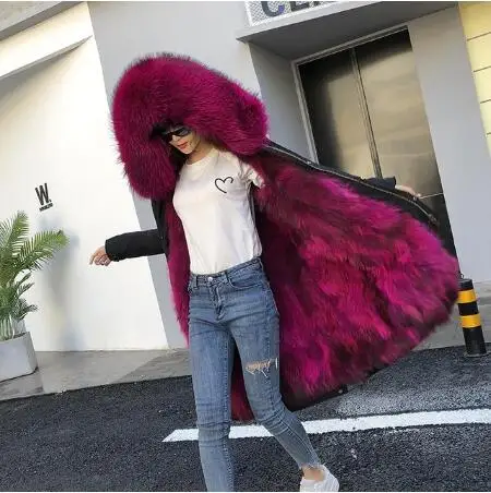 winter fashion real fox hair liner detachable women real fox fur collar warm hooded high quality women fur coat parka - Цвет: 14