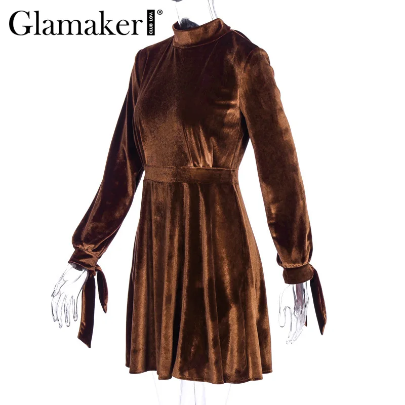 Glamaker бархатное сексуальное короткое платье с открытой спиной, осеннее платье с высоким воротом и бантом на шнуровке, Женское зимнее платье с рукавами-фонариками