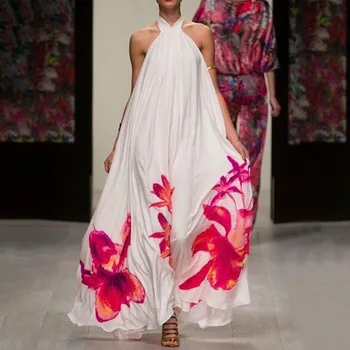 

Casual Sleeveless Floor-Length Plant Print Halter Women's Dress 2020 Summer Sexy Dresses Women Elegant Beach Holiday Outfit