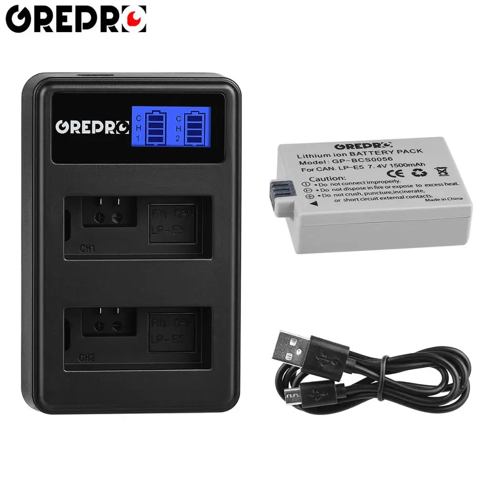 GREPRO 1500 мАч LPE5 LP-E5 LP E5 цифровой аккумулятор+ ЖК USB двойное зарядное устройство для Canon 1000D 500D 450D Kiss X2 X3 F Rebel XSi Xli XS - Color: 1B with charger
