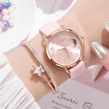 

Hot Sale Business Women Rose Gold Bangles Watch Set Moon Refreshing Watch Gift Set Number Dial Clock