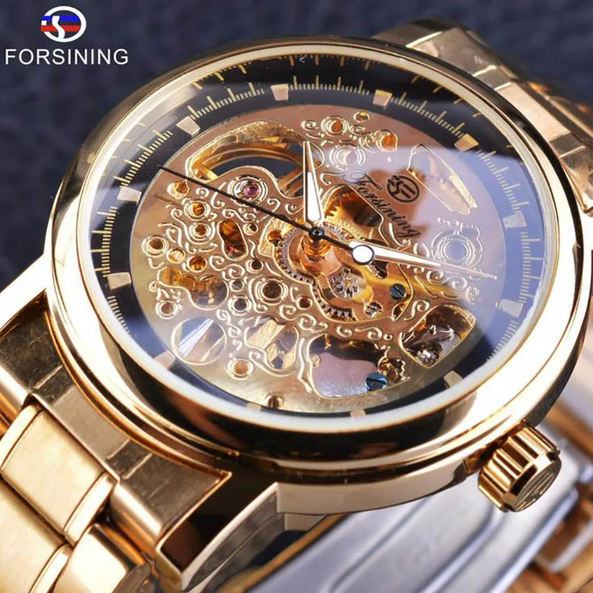 

Forsining Gold stud black scale watch Fashion Clock Multi Function Display Mens Automatic Mechanical Watches Top Brand Luxury