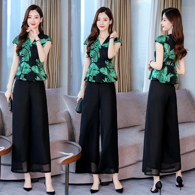 

2019 Summer Waist Hugging Slimming Tops Printed Shirt + Drape Loose Pants-Style Two-Piece Set Pants Women's Debutante