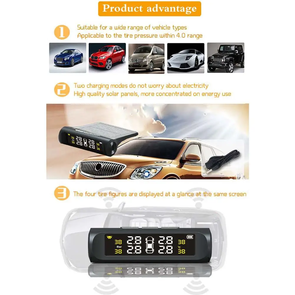 Умный автомобиль TPMS система контроля давления в шинах солнечной энергии цифровой ЖК-дисплей Автоматическая охранная сигнализация s давление в шинах