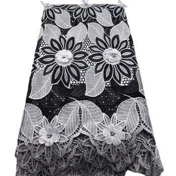 

(5yards/pc) Amazing black white African guipure lace Newest big cord lace fabric with 3D flowers and beads for dress WLH014