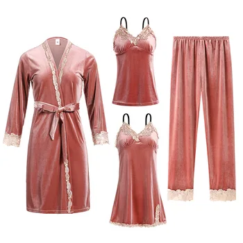 

Lady Pajamas Sleep Set Lounge Women Strap Top&pants Softy Warm Sleepwear Velvet Long Sleeve Casual Pijamas Suit Home Clothing