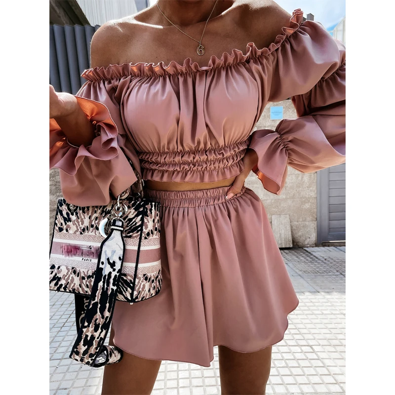 Homewear Summer Two Piece Sets Sexy Matching Set Slash Neck Women New Soft Crop Tops and Shorts Outwear Ruffles Beach Sets G2757 plus size sweat suits