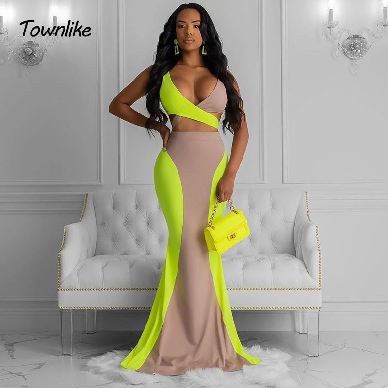 

Townlike Fluorescence Green Patchwork Party Sexy Two Piece Set Bow Crop Top And Maxi Long Skirts 2 Piece Set Women Outfits