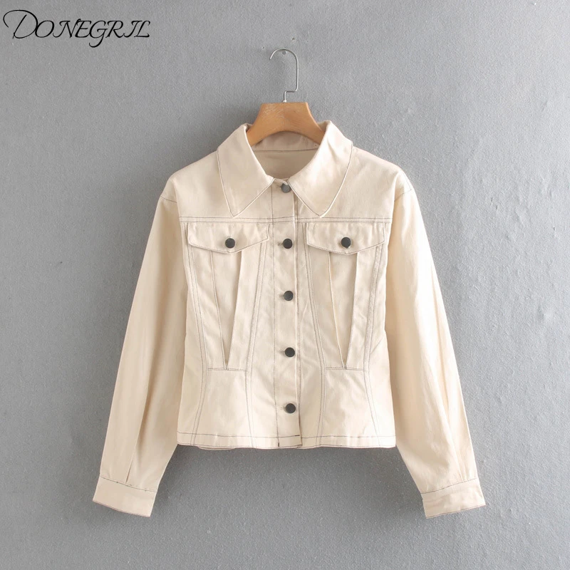 

2020 Spring Autumn Retro Lapel Long-sleeved Waist Single-breasted Women's Jacket Open Line Tooling Pocket Denim Chic Female Coat