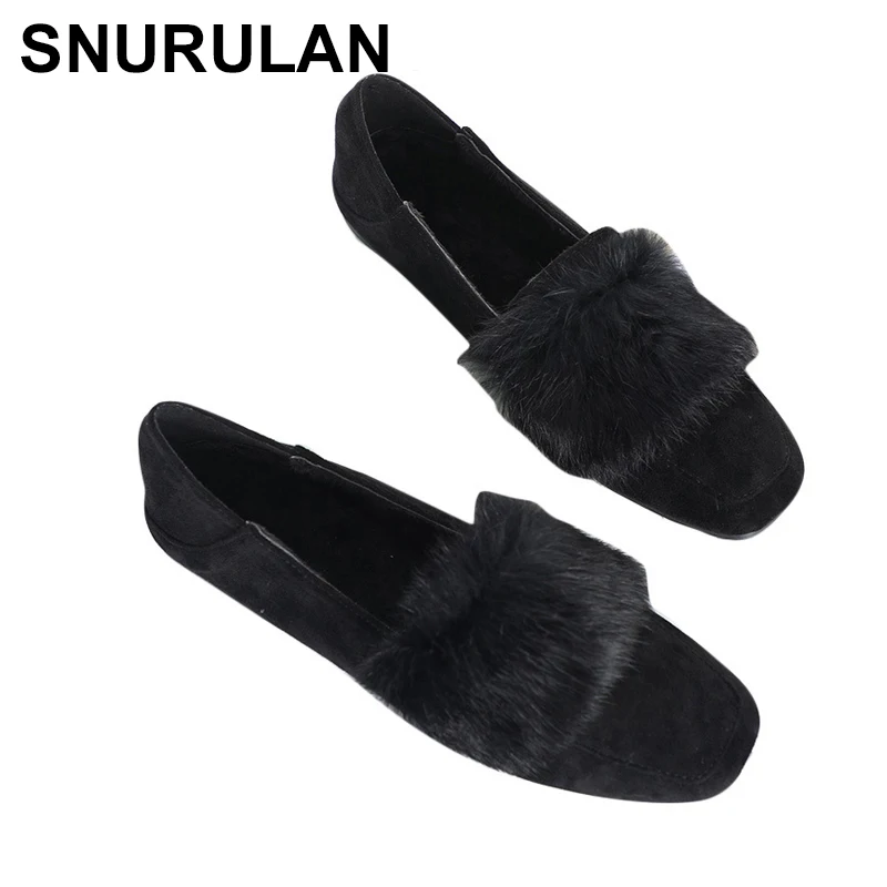 

SNURULANFlat shoes yaerni rabbit fur loafers warm plush winter shoes suede slip plus square casual shoesE056