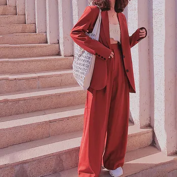 

2020 Spring High Street Blazer Suit Female Single Breasted Loose Long Blazer+Long Wide Leg Pant Casual Ladies Pants Suit 2 Piece
