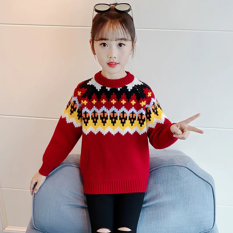

Baby Girls Sweater New Year Teen Kids Red O-Neck Sweater Long Sleeve Knited Warm Sweater Children's Casual Tops Pullover Clothes