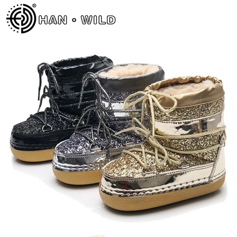 Зимние ботинки в европейском стиле; женские теплые плюшевые зимние ботинки; ботинки на платформе; модные женские ботинки с блестками для катания на лыжах
