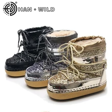 Зимние ботинки в европейском стиле; женские теплые плюшевые зимние ботинки; ботинки на платформе; модные женские ботинки с блестками для катания на лыжах