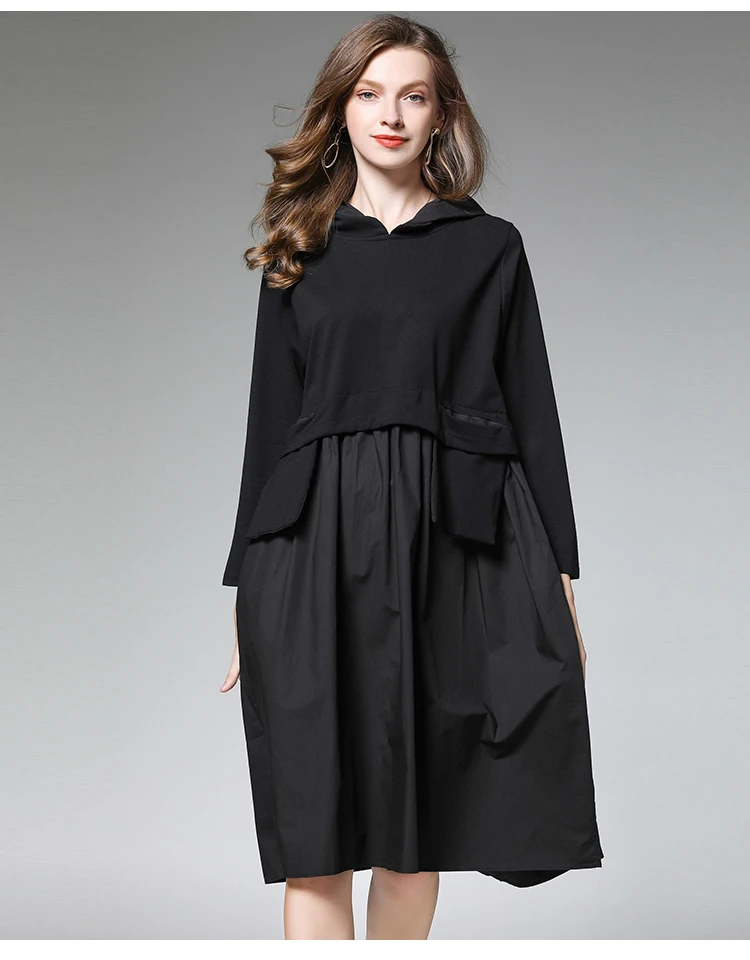 Женская одежда больших размеров, модные Лоскутные Платья, свободное платье с капюшоном, Черное женское платье большого размера, контрастные цвета, один размер