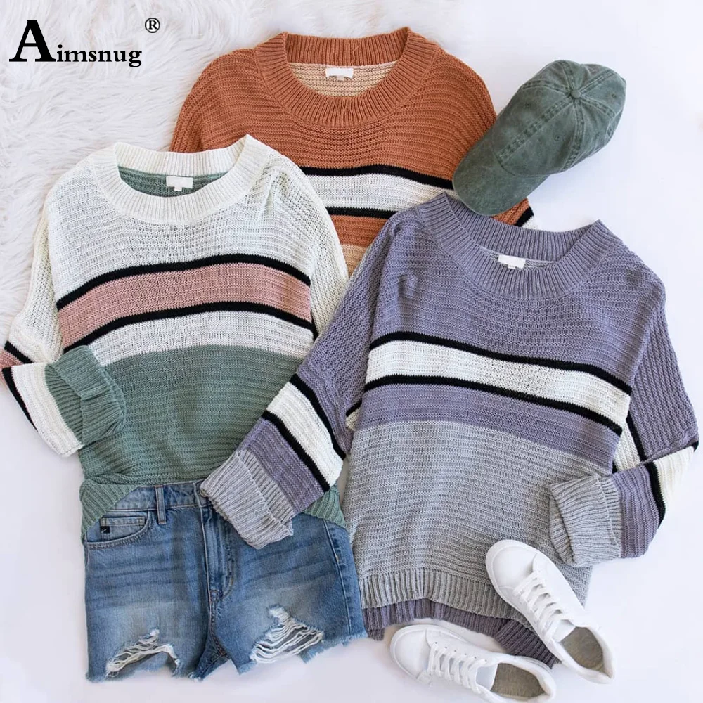 

Aimsnug Batwing Sleeve Sweater Femme Patchwork Stripes Jumper Pullovers Knitted Sweaters Fashion Tops Loose Womens Clothing 2020