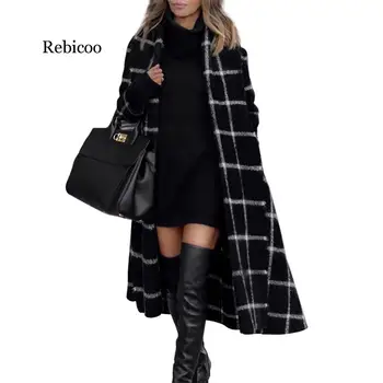 

2019 New Wool Blend Contrast Color Plaid Long Woolen Jacket Coat Ladies Fall Winter Contour Gingham Checkered Outerwear