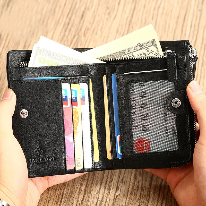 

ManBang MEN'S Wallet Genuine Leather Short Ultra-Thin First Layer Cow Leather Wallet Europe And America Youth Verticle Leather W
