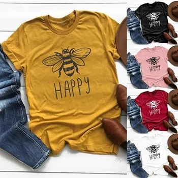 

Shirt Women Plus Size Cotton Round Neck Bee Happy Print Blouse Short Sleeve Summer Daily Casual Beach Loose Chemisier Femme
