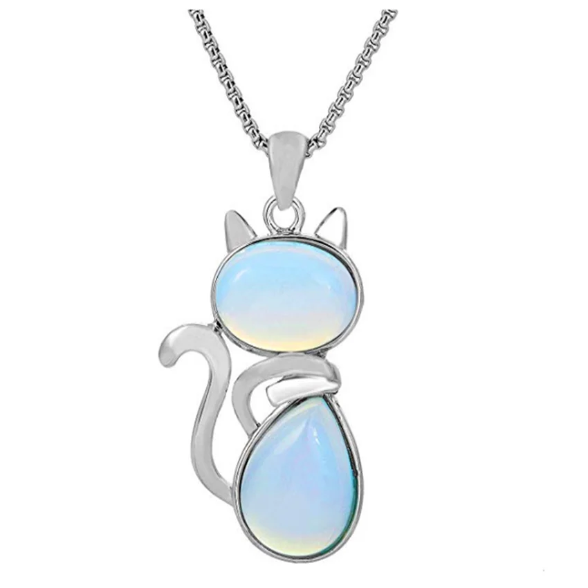 

FYJS Unique Jewelry Silver Plated Opalite Opal Cute Cat Shape Temperament Pendant Link Chain Necklace