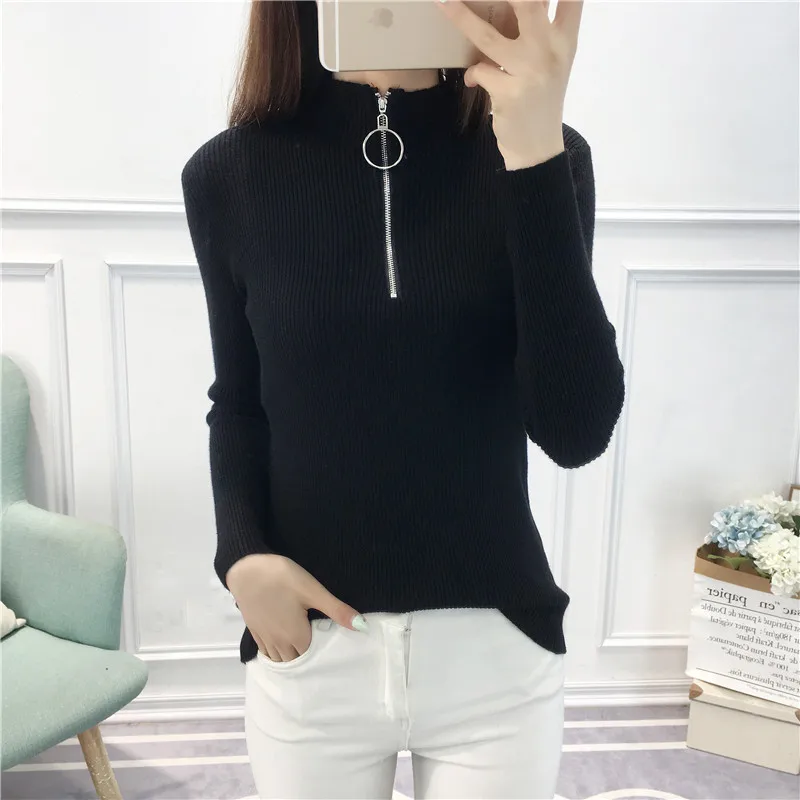 

Zipper Solid Fashion New 2019 Loose Turtleneck Sueter Mujer Lace Female Knitted Sweater Pullover Jumper Women Winter Feminino