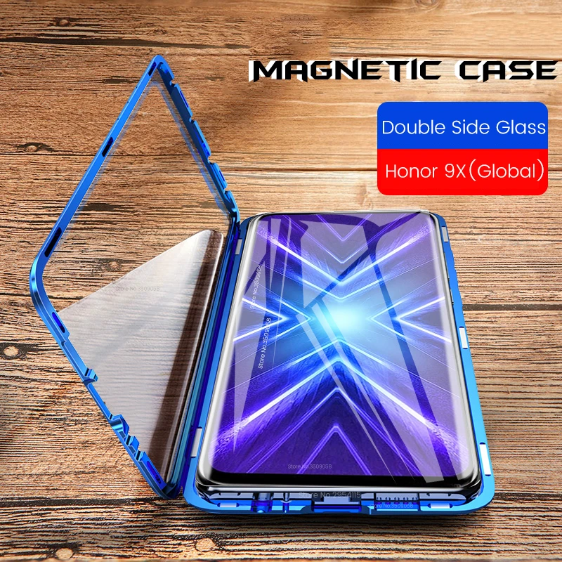 Магнитный чехол книжка на 360 ° для Honor 9X STK LX1 с двойным закаленным стеклом задняя