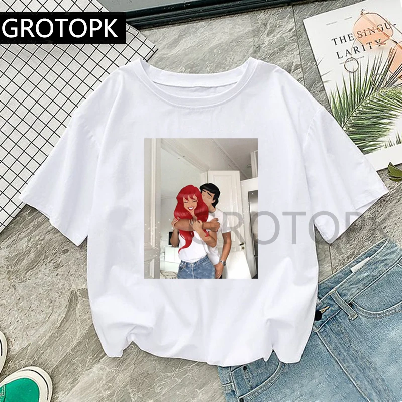 

GROTOPK Funny Ariel Princess&Prince Eric T Shirt Cotton O-Neck Cohabitation Print Casual Short Sleeve Harajuku Women's T-Shirt