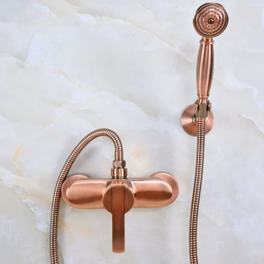 

Antique Red Copper Brass Wall Mounted Bathroom Hand Held Shower Head Faucet Set Mixer Tap Single Handle Lever mna290