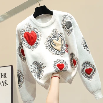 

Heavy Industry Embroidery Love Sweater Womens Winter Outer Wear Knit Jacket Girls Lady Loose Lazy Wind Knitted Pullover Sweaters