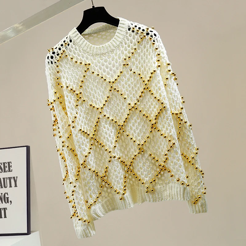 Studded Hollow Sweater Women Large Pearl Beaded