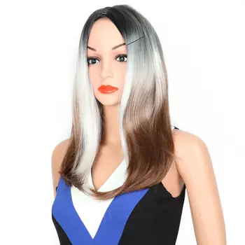 

SHUOHAN 40cm Synthetic Ombre Straight Wig For Women Gray Brown Heat Resistant High Temperature Fiber Medium SX542
