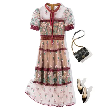 

New arrival Runway Flower Embroidery Women Bow lace-up dress Vintage Mesh Female Patchwork Lace Trims Floral Dresses vestidos