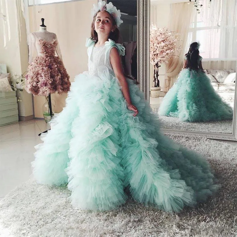 Turquoise Cloud Tulle Flower Girl Dress Girls Pageant Gowns Customized Flower Girl Dress For Wedding Sweep Train Girls Clothes - Цвет: same as picture