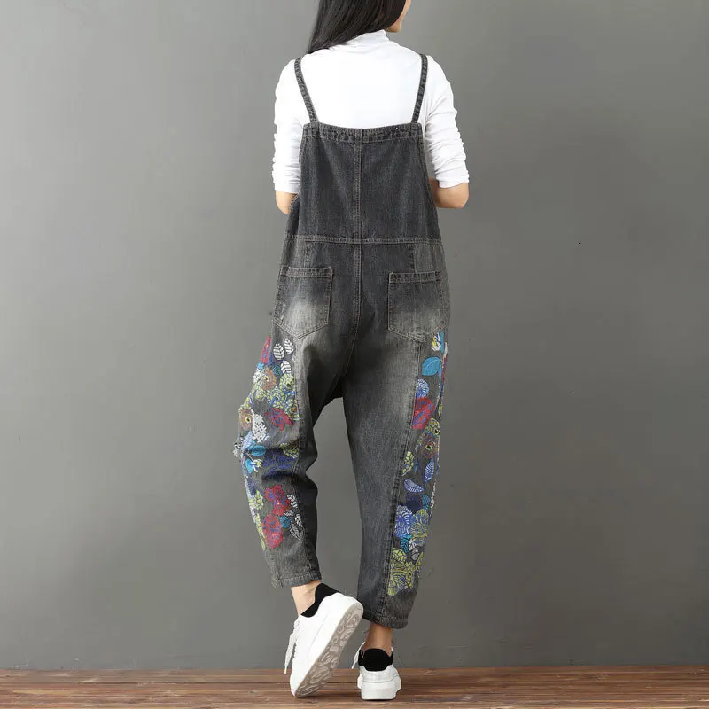 #1401 Vintage Floral Printed Denim Jumpsuits Women Retro Wide Leg Denim Overalls For Women Jeans Jumpsuit Ladies Loose Spring