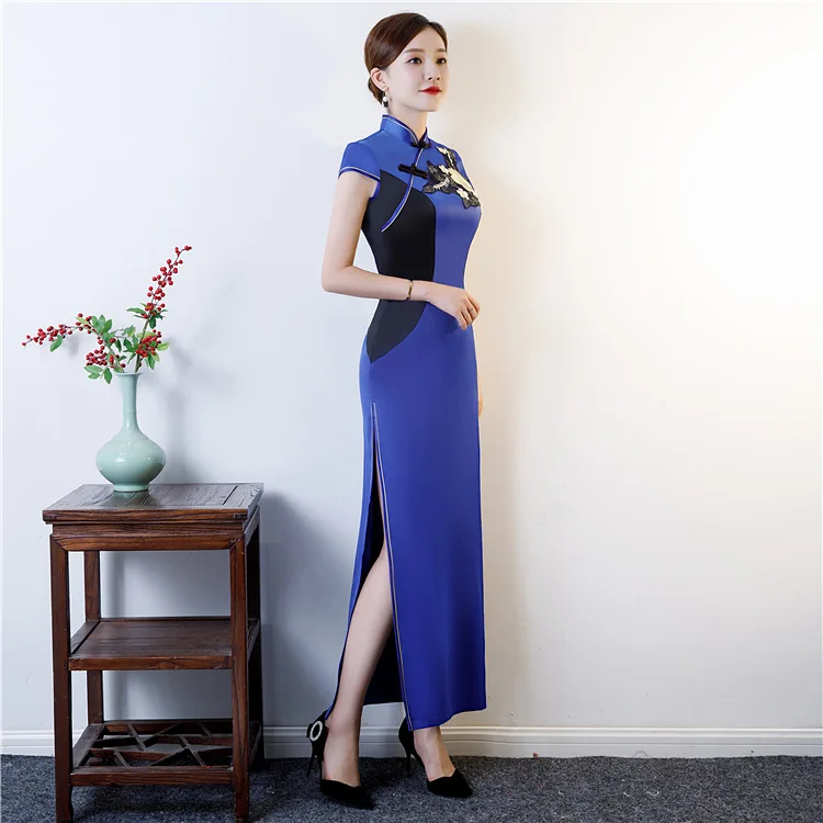 Стиль вышитые Улучшенный чёнсам женские атласные длинные Qipao часть платье walk Show Cheongsam Vestido плюс размер S-5XL