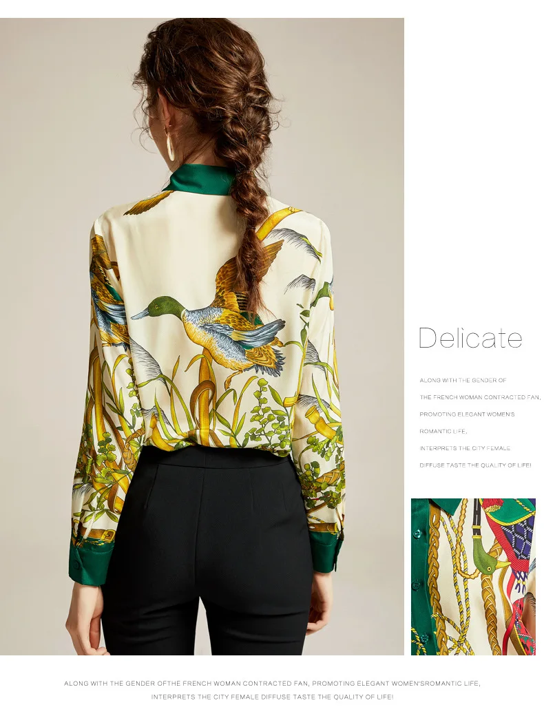 Blusas Mujer De Moda новые женские рубашки женские топы с принтом Питер Пэн воротник Офисная Леди натуральный шелк высокое качество