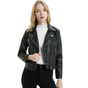 

Plus Size Women Long Sleeve PU Faux Leather Short Jackets Female Zippers Turn Down Collar Motorcycle Biker Coats Streetwear