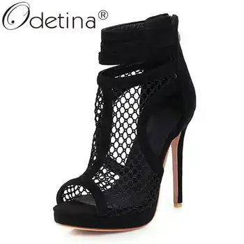 

Odetina Women Fashion Peep Toe Platform Back Zipper Casual Pumps Lady Stiletto Extreme High Heel Breathable Air Mesh Party Pumps