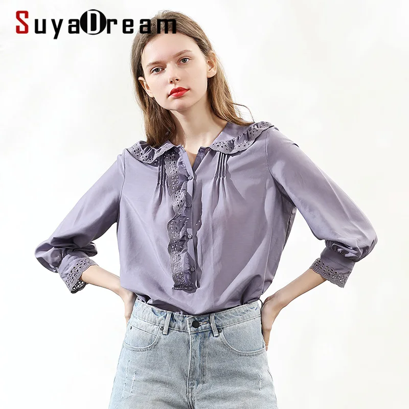 Рубашка SuyaDream Женская с воротником Питер Пэн 25% Шелк 75% хлопок|Блузки| |