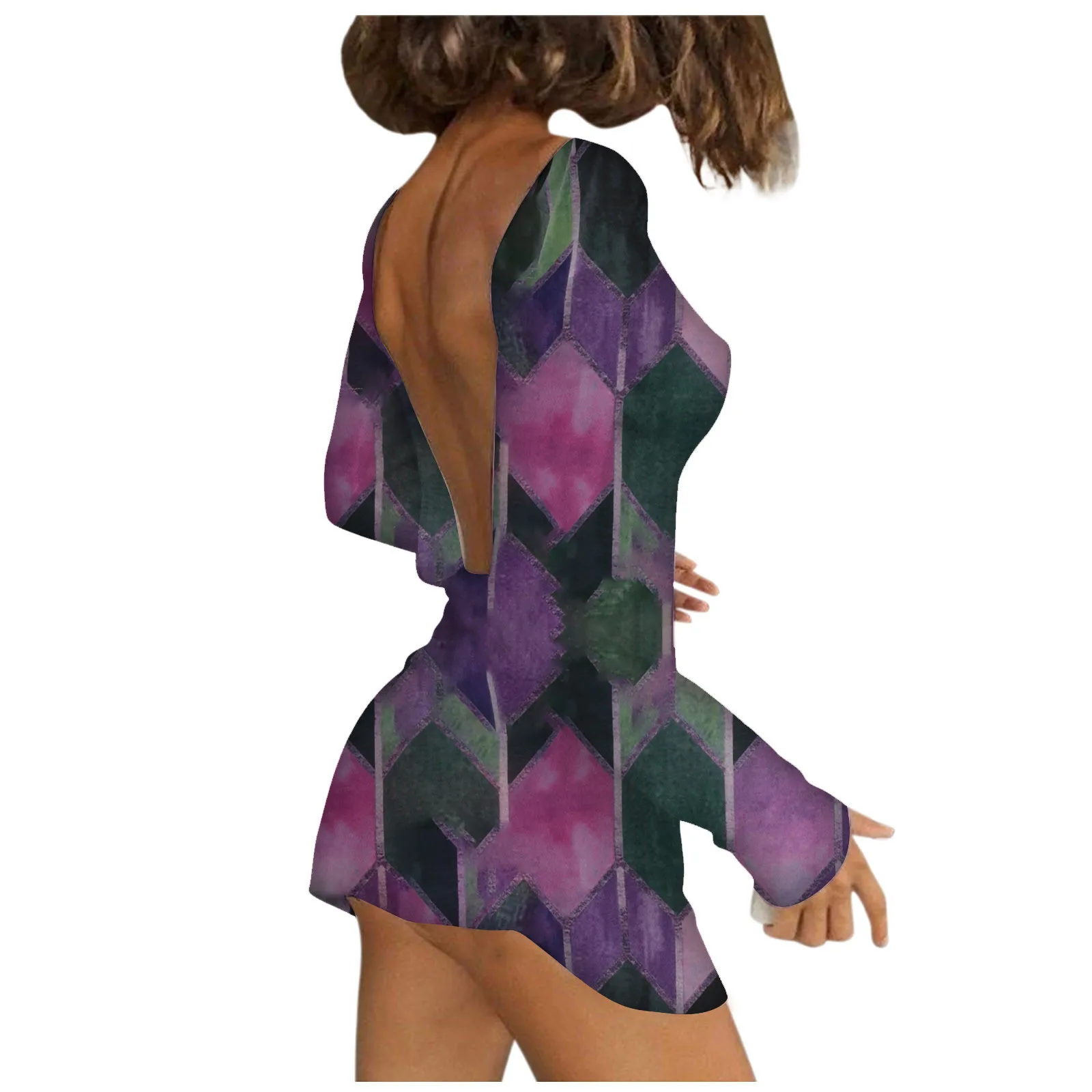 Summer Women's Sexy Miniskirt Round Neck Long Sleeve Open Backpack Hip Slim Dress Ladies Vintage Printed Robe Vestido De Mujer 2