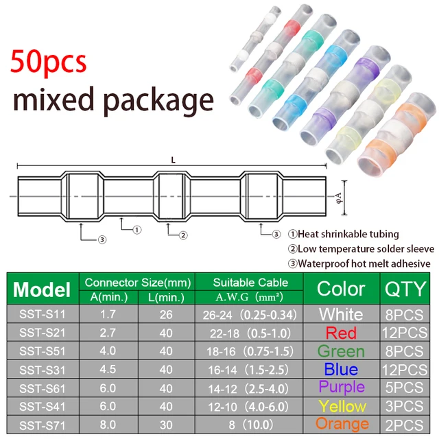 10/50PCS Thermal Shrinkage  Electrical Car Wires Connector Solder  Extrusion Terminals Block Cable Termination Wireway Clamping 50PCS Mix Color-s