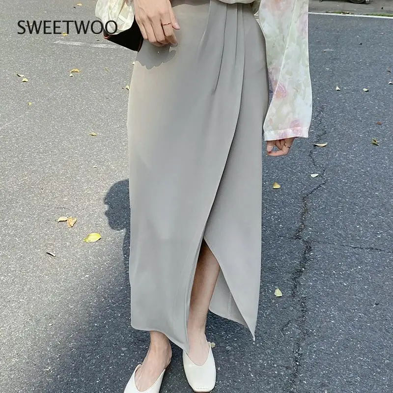 Retro Korean Mid-Length One-Piece Dress Women Loose Solid Color High Waist Chiffon Skirt Women 2021 Spring/summer 3 Colors