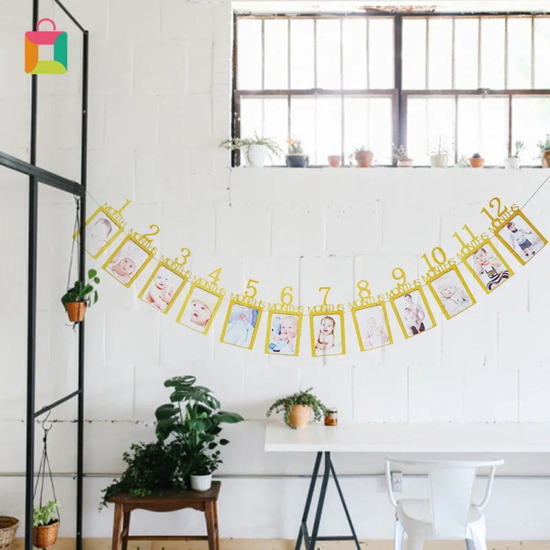 

NEW 12 Months Photo Frame Paper Banner First Happy Birthday Decor 1st Baby Boy Girl My 1 One Year Party Supplies Gold Flag Cozy