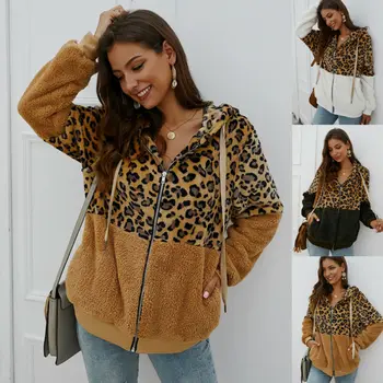 

Meihuida Fashion Women Faux Fur Teddy Bear Fleece Winter Warm Coat Long Sleeve Leopard Print Jacket Sweater Hooded Overcoat