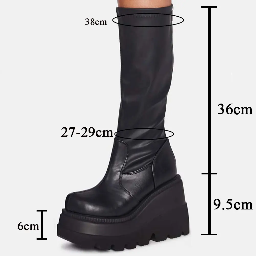 2021 New Large 43 Gothic Black Slope Heel High Heels Thick Bottom Fashion Cool Autumn and Winter Motorcycle Boots Women's Shoes